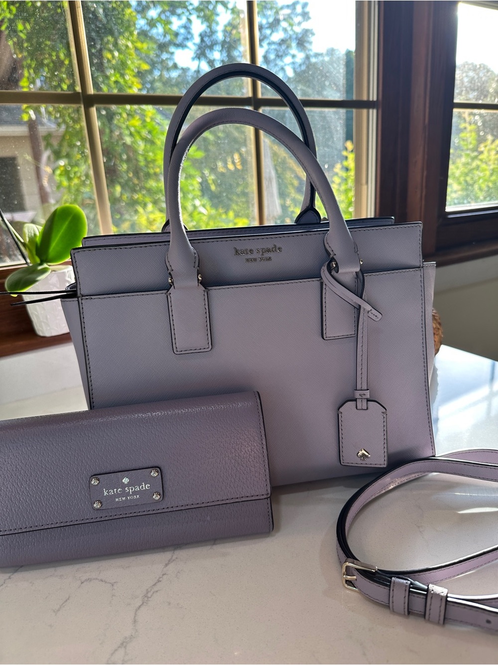 kate spade cameron medium leather satchel in lilac lavender with wallet & strap